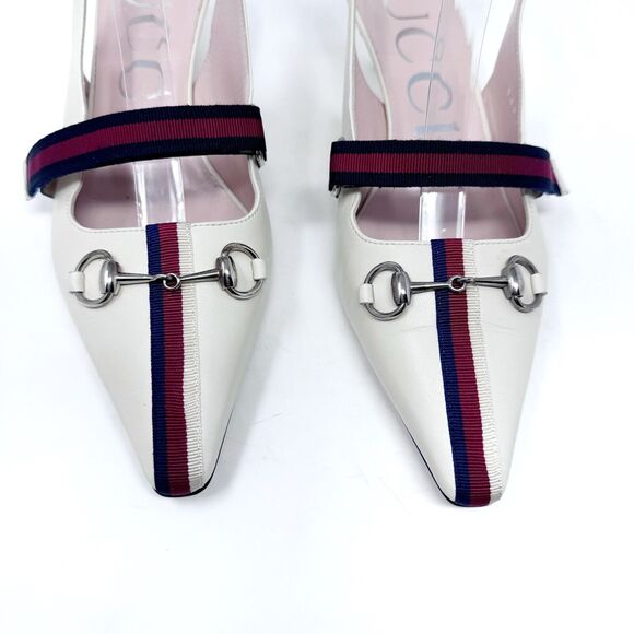 Gucci Malaga Kid Cream Web Stripe Horsebit Low Kitten Heel Slingback Pumps EU 38 - Picture 2 of 11